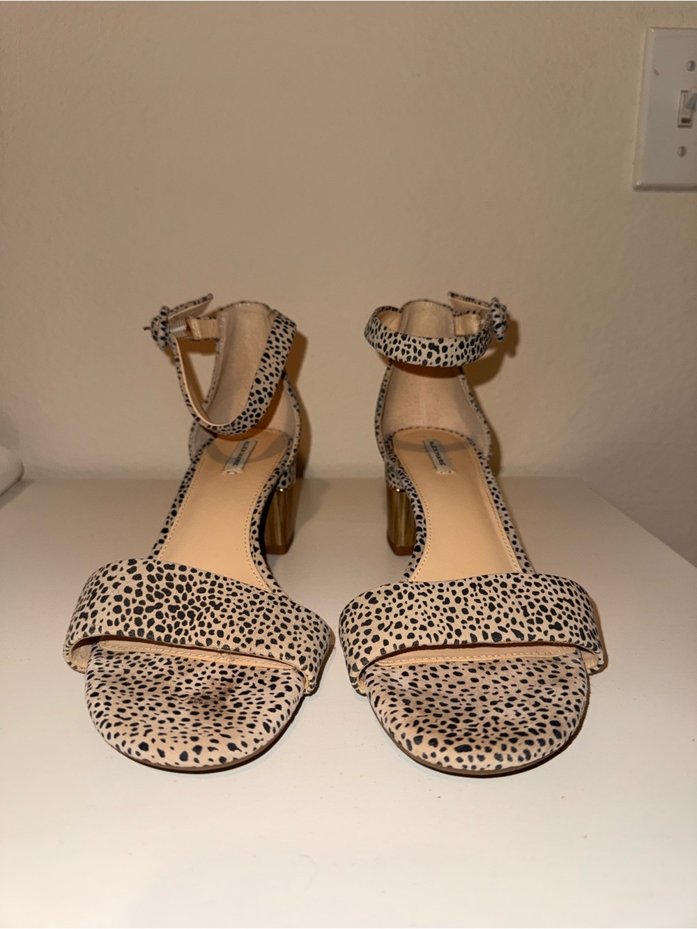 Alex Marie Beige and Black Dotted Ankle-Strap Block Heels